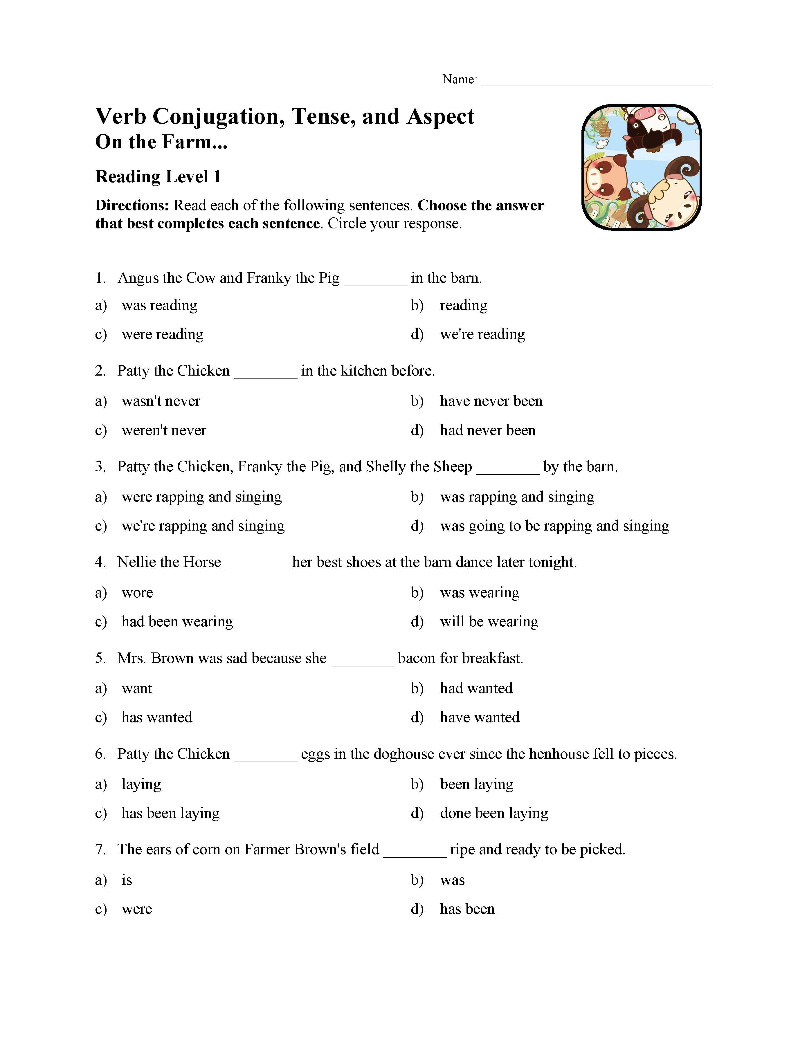 Verb Conjugation Tense And Aspect Test On The Farm Reading Level 