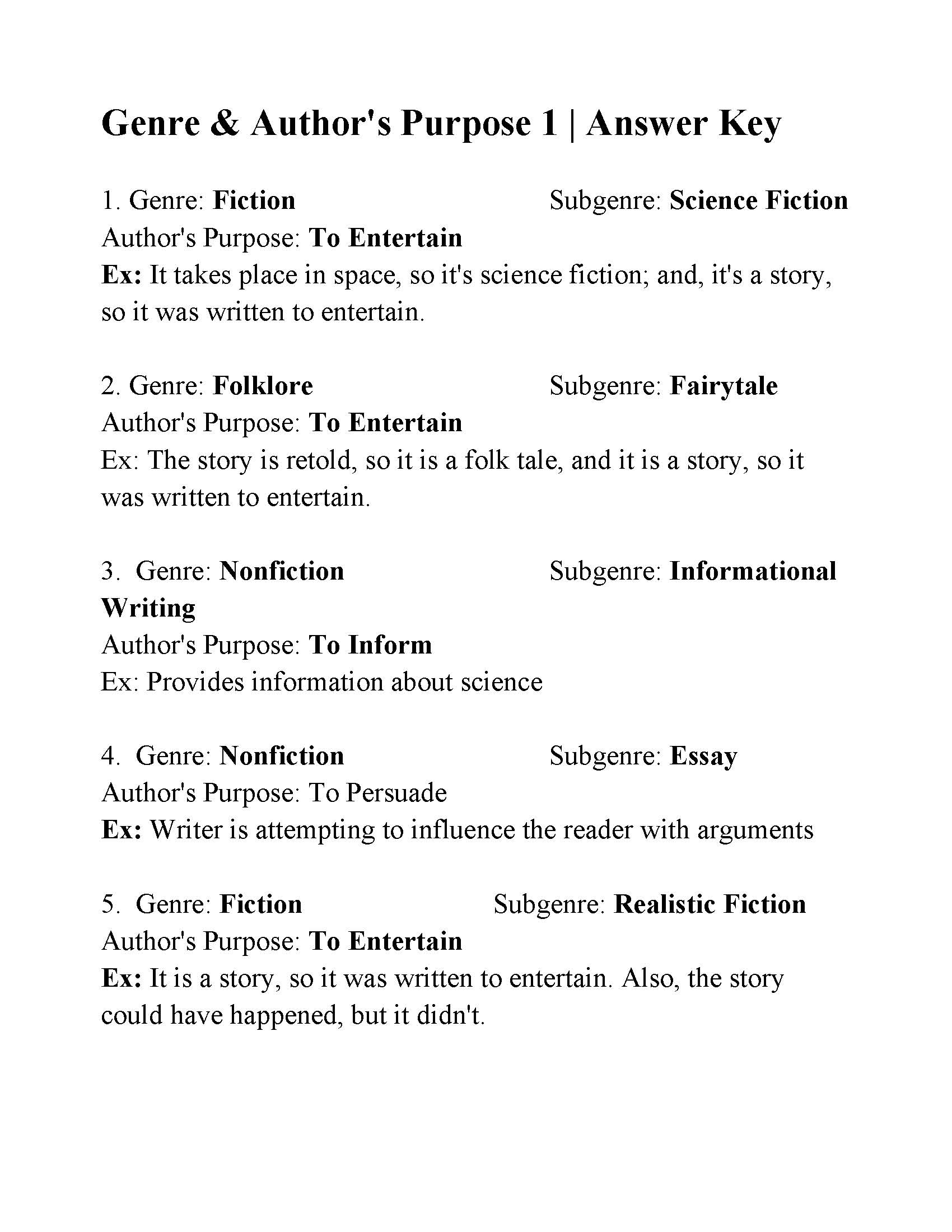 Genre And Author s Purpose Worksheet 1 Answers