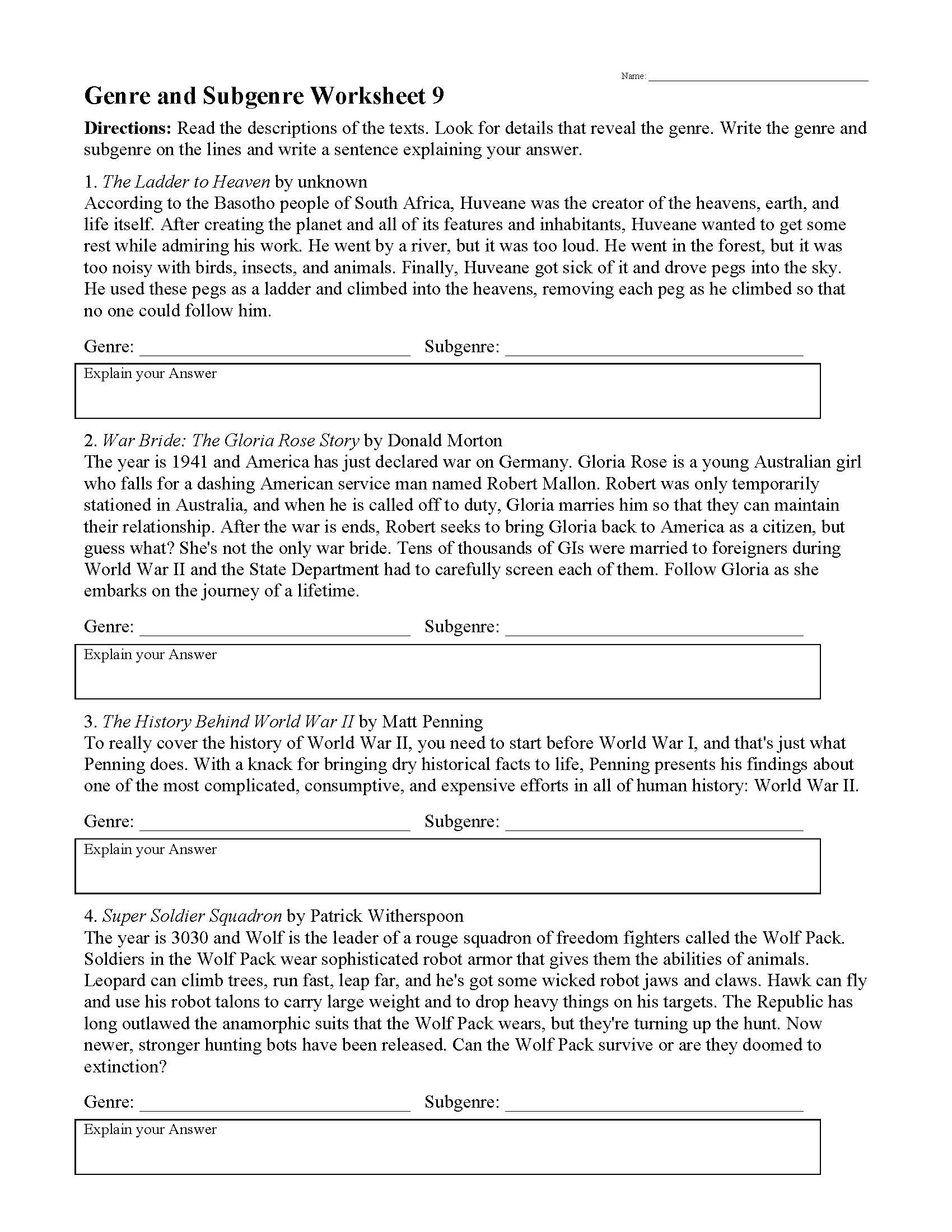 genre worksheets ereading worksheets