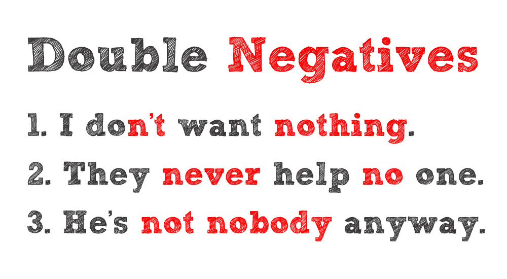 This is a picture with the heading Double Negatives. Beneath that it has three examples of sentences containing double negatives. The negative words are red.