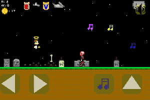 This is a screenshot of Orpheus the Lyrical. He is in a graveyard with a zombie and a skeleton.
