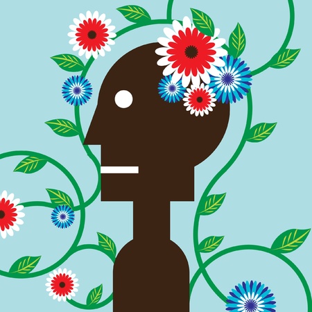This is an illustration of a silhouetted man with colorful flowers blooming in his brain. It is intended to represent how figurative language brings beauty to our brains.