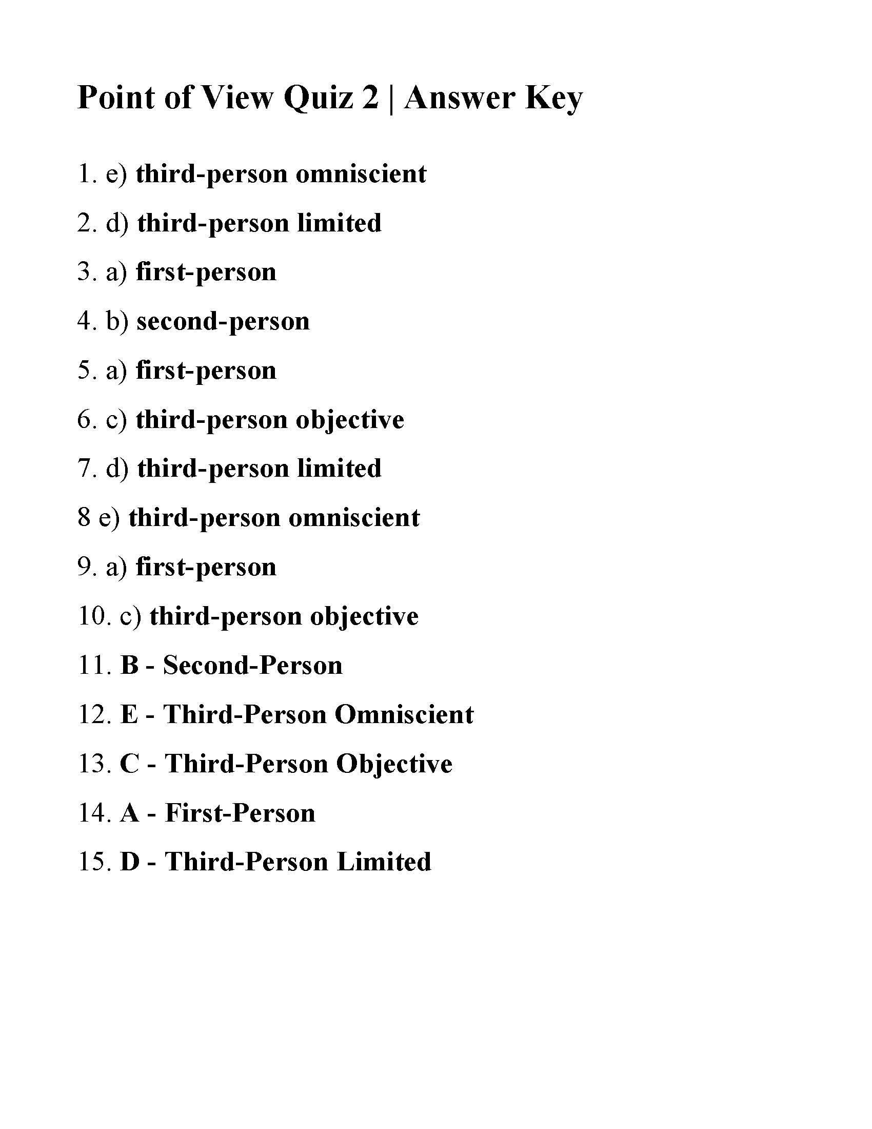 Point Of View Quiz 2 Answers