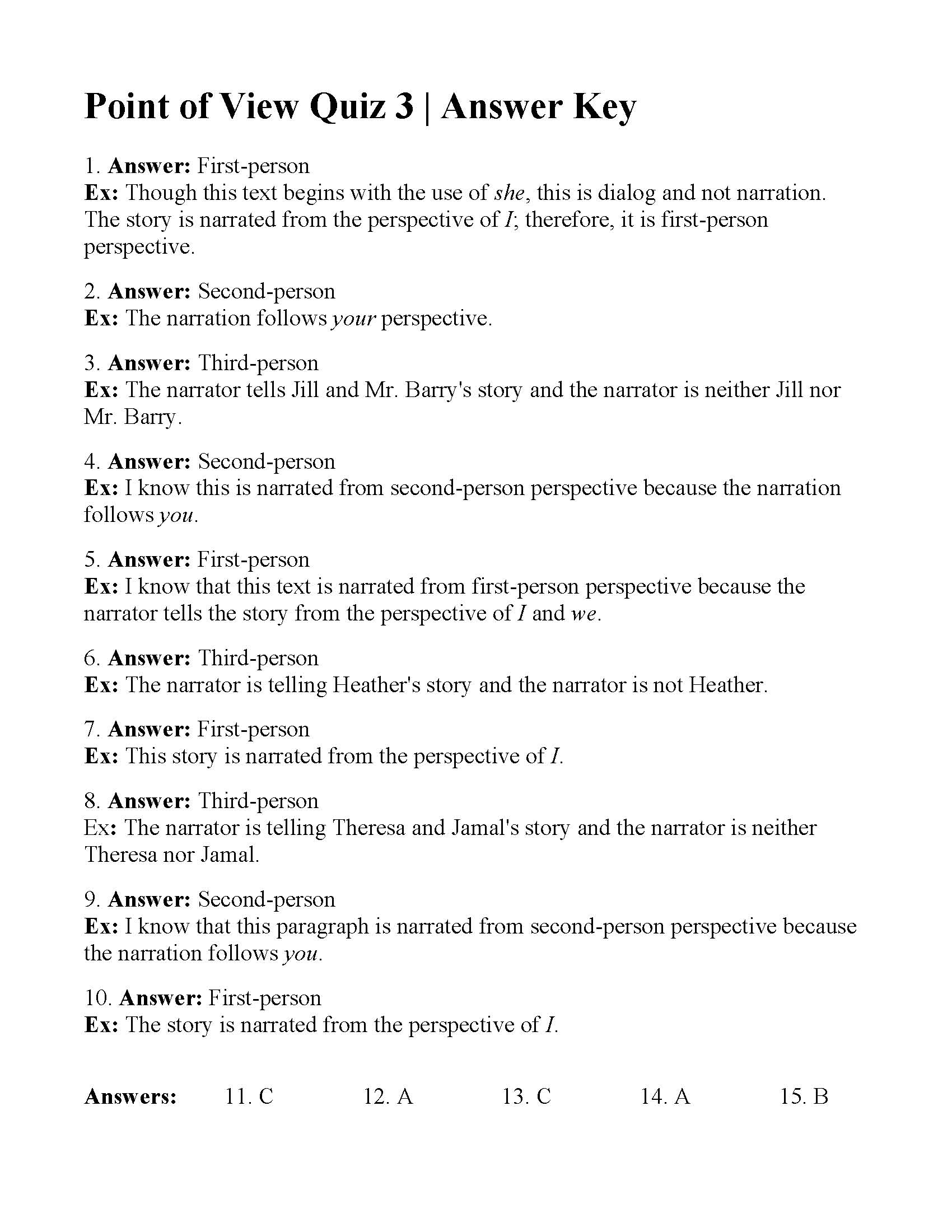 Point Of View Quiz 3 Answers