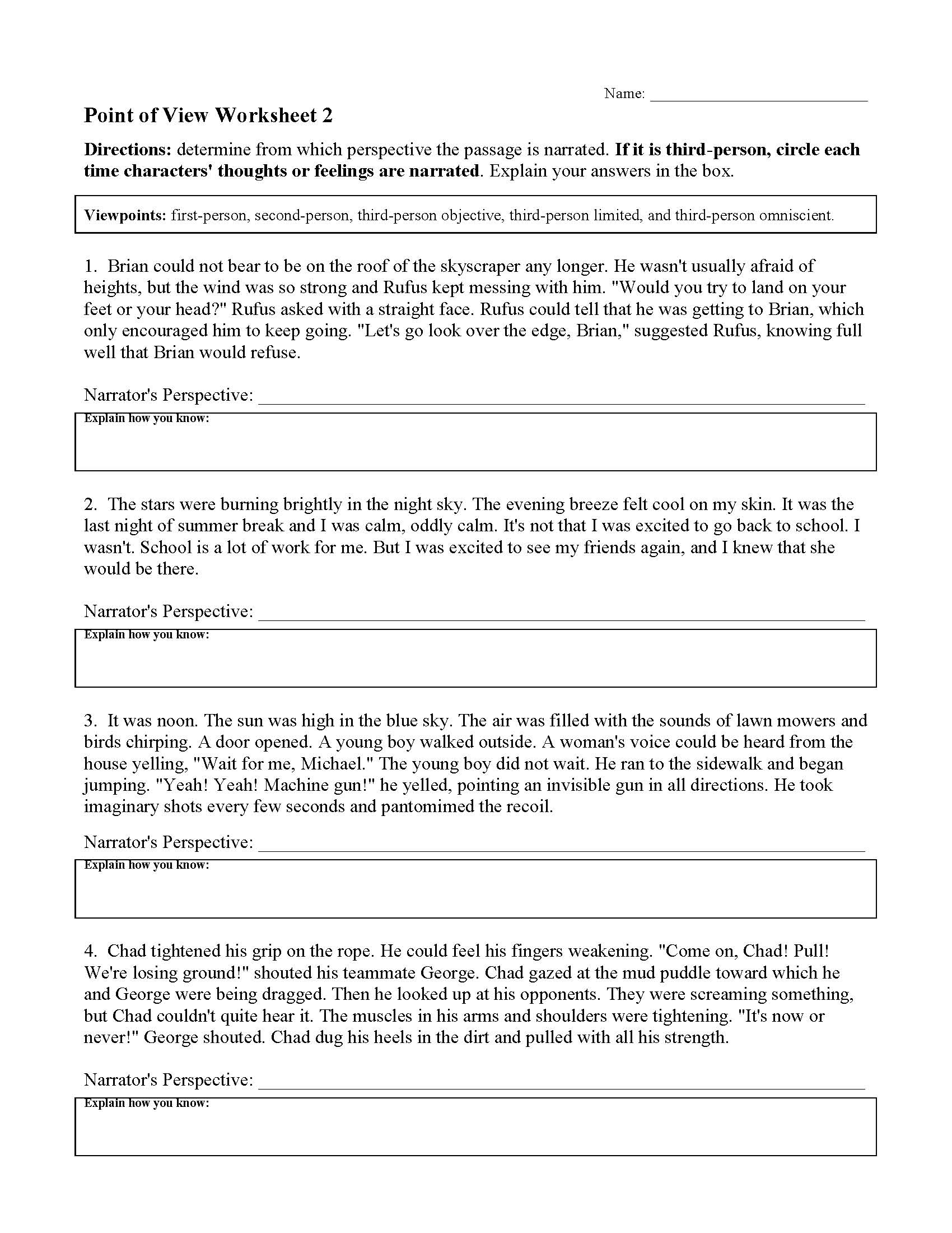 Point Of View Worksheet Answers Pdf Grade 4