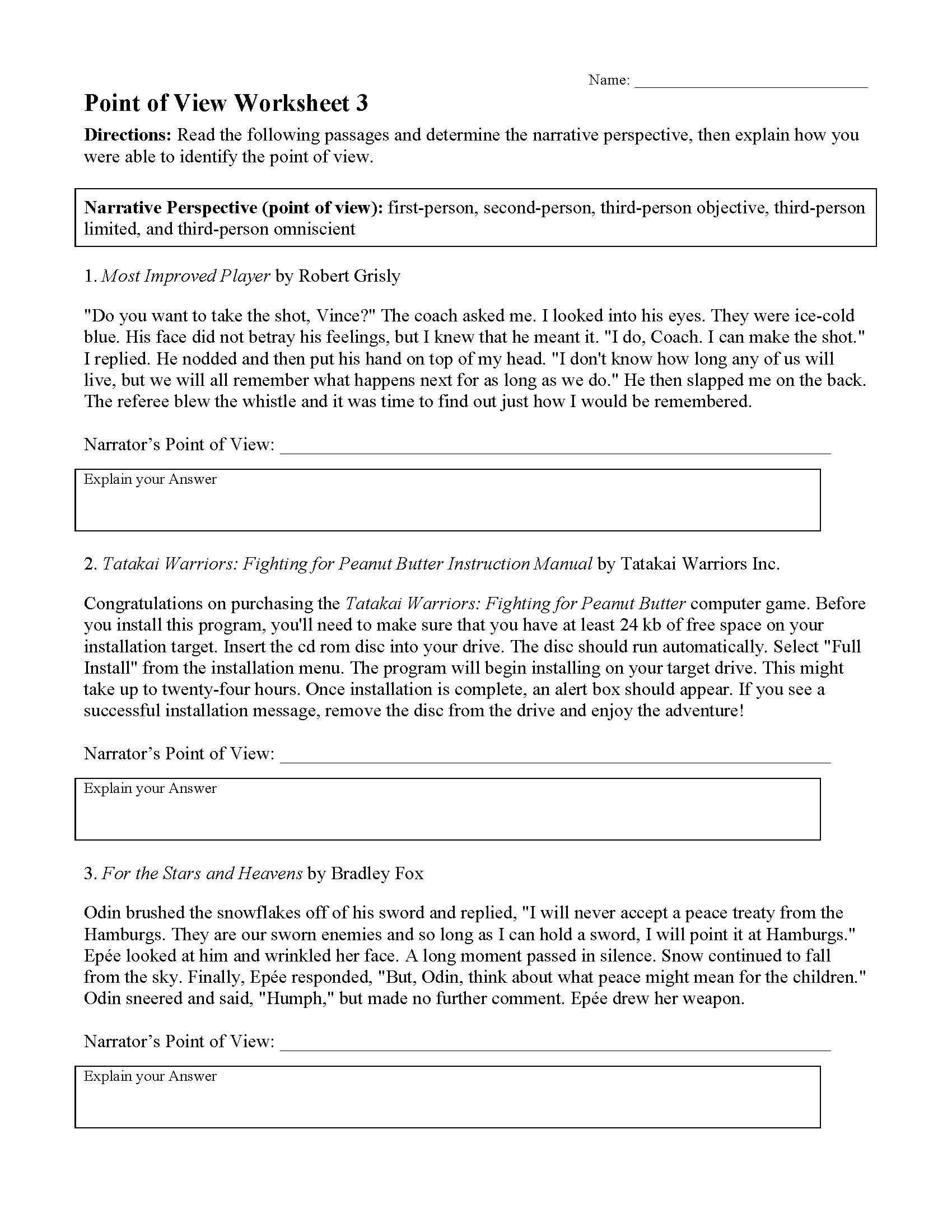 Point Of View Worksheet 3 Reading Activity