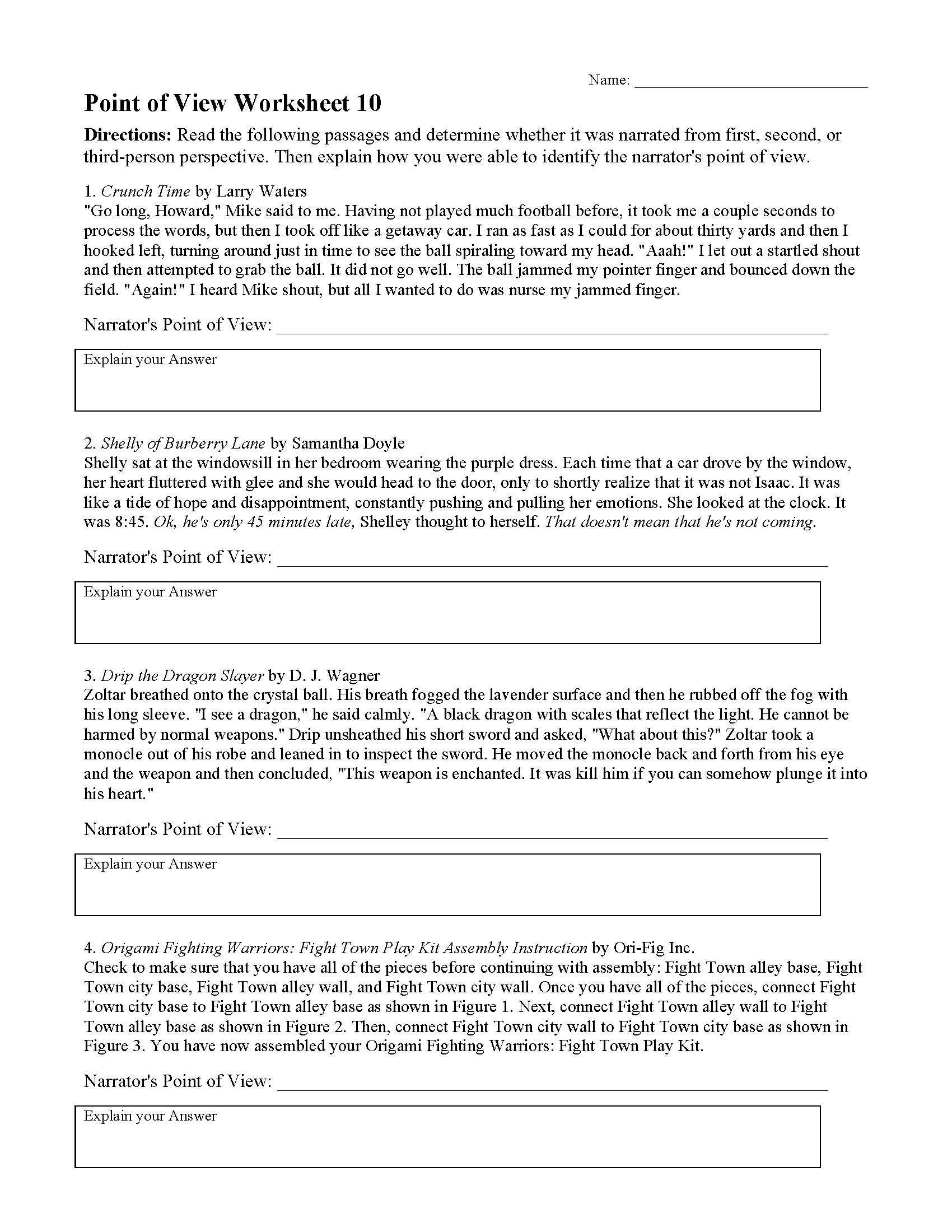 Point Of View Worksheet Answers