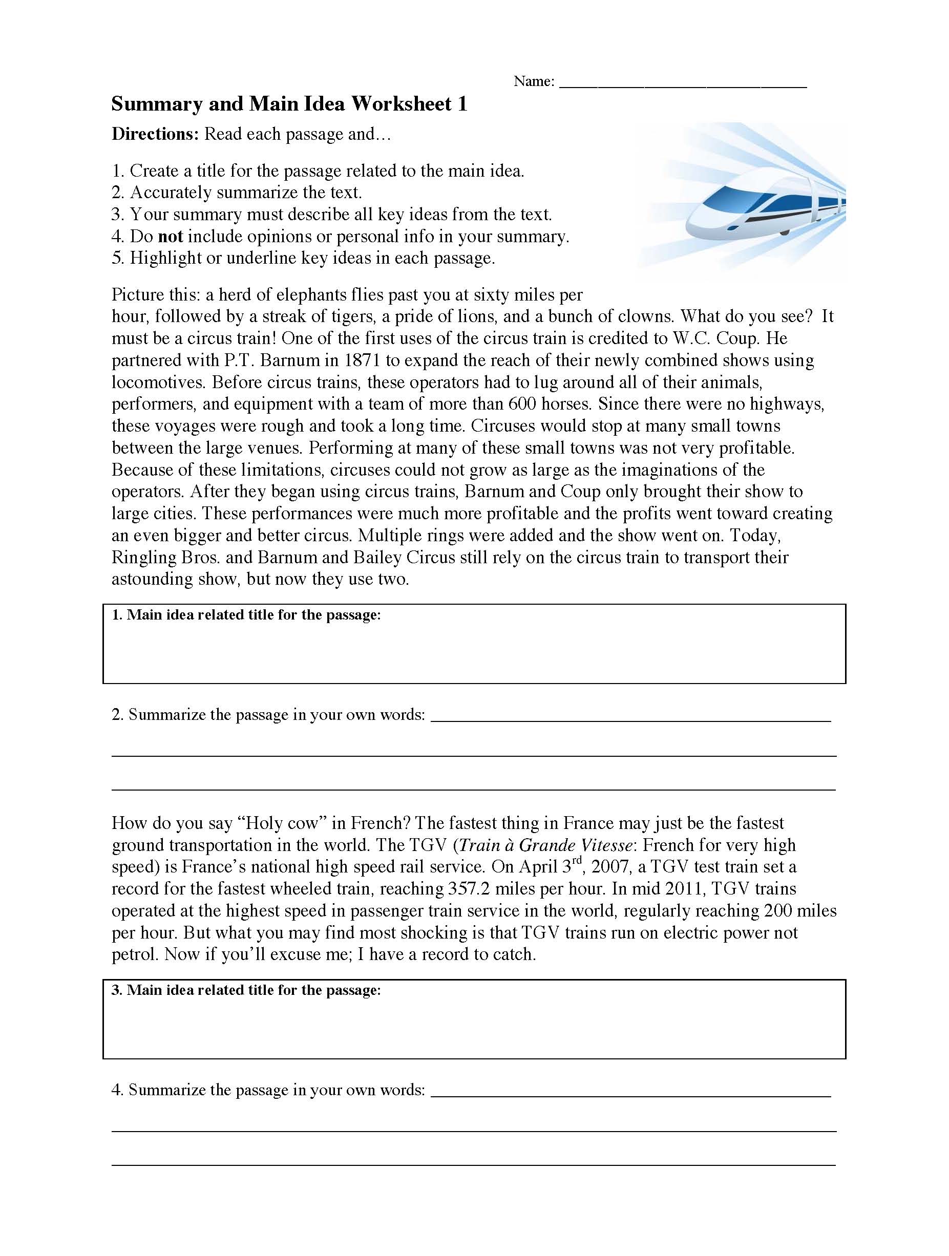 Summary and Main Idea Worksheet 1 | Preview