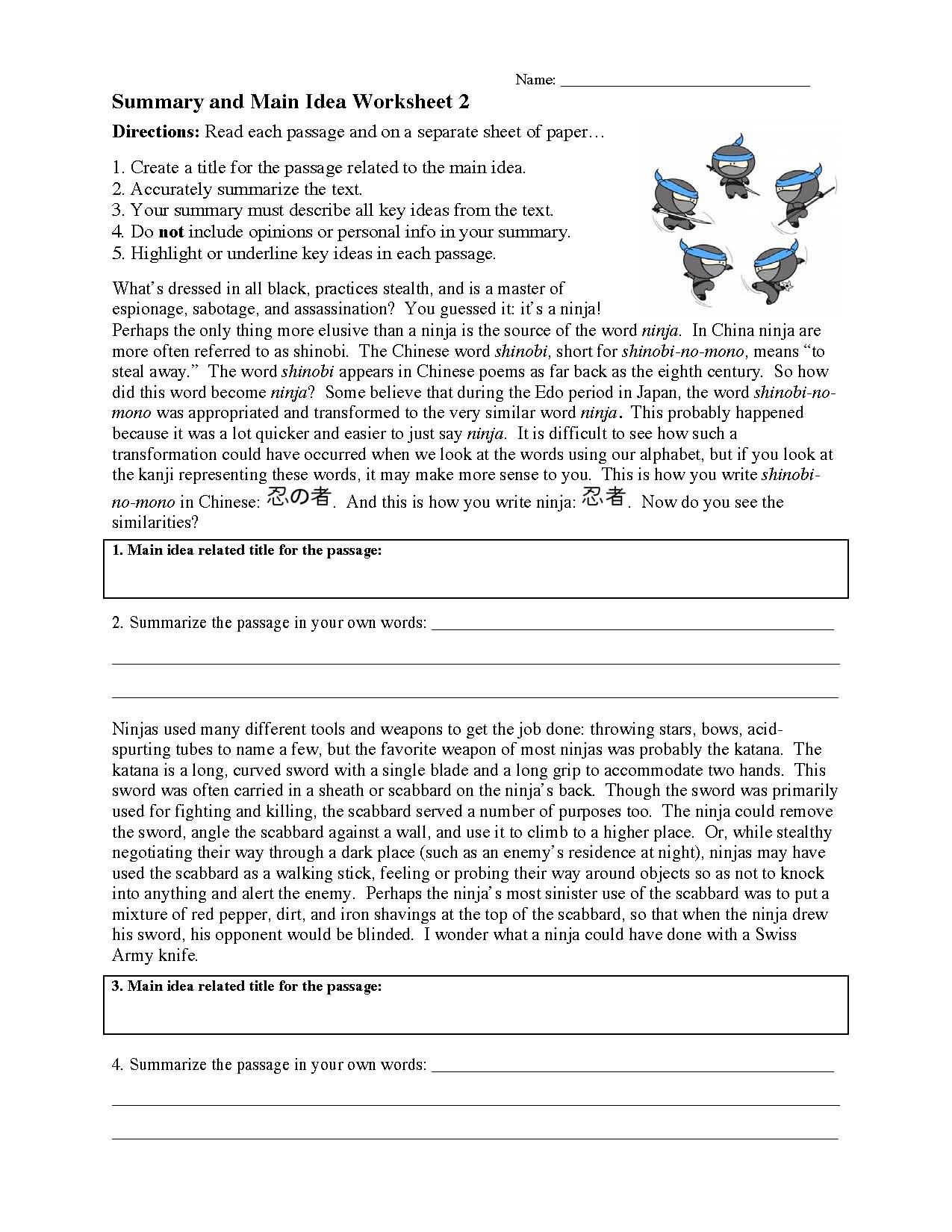 Summarizing Worksheet 2 Reading Activity