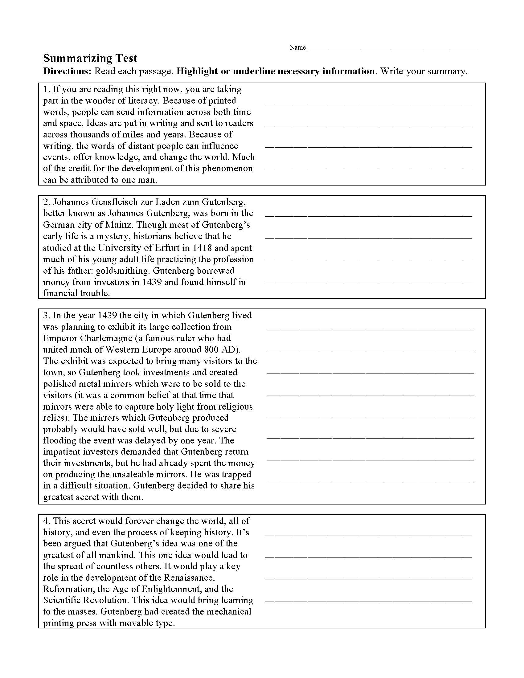 Summarizing Worksheets Grade 5