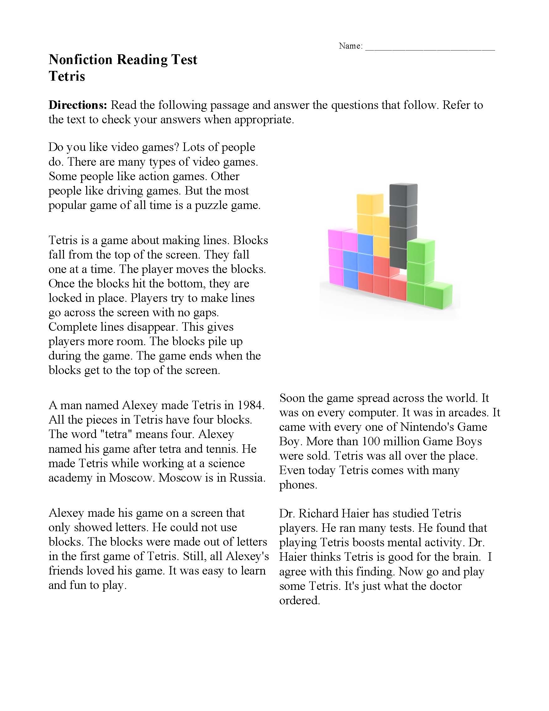 Tetris | Nonfiction Reading Activity