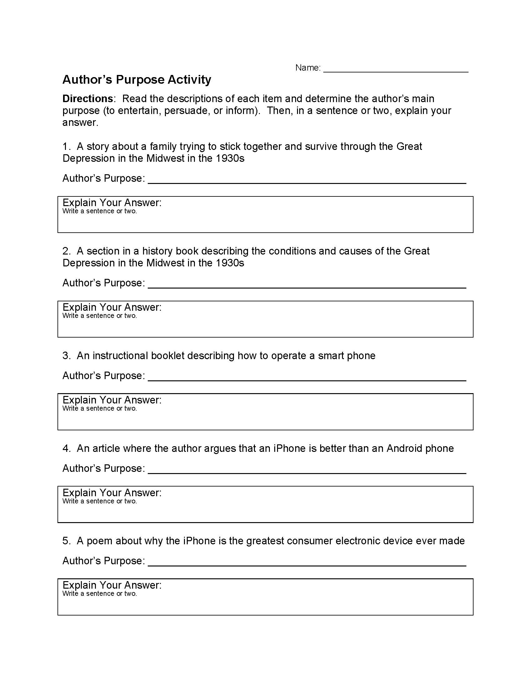 Free Printable Author S Purpose Worksheets