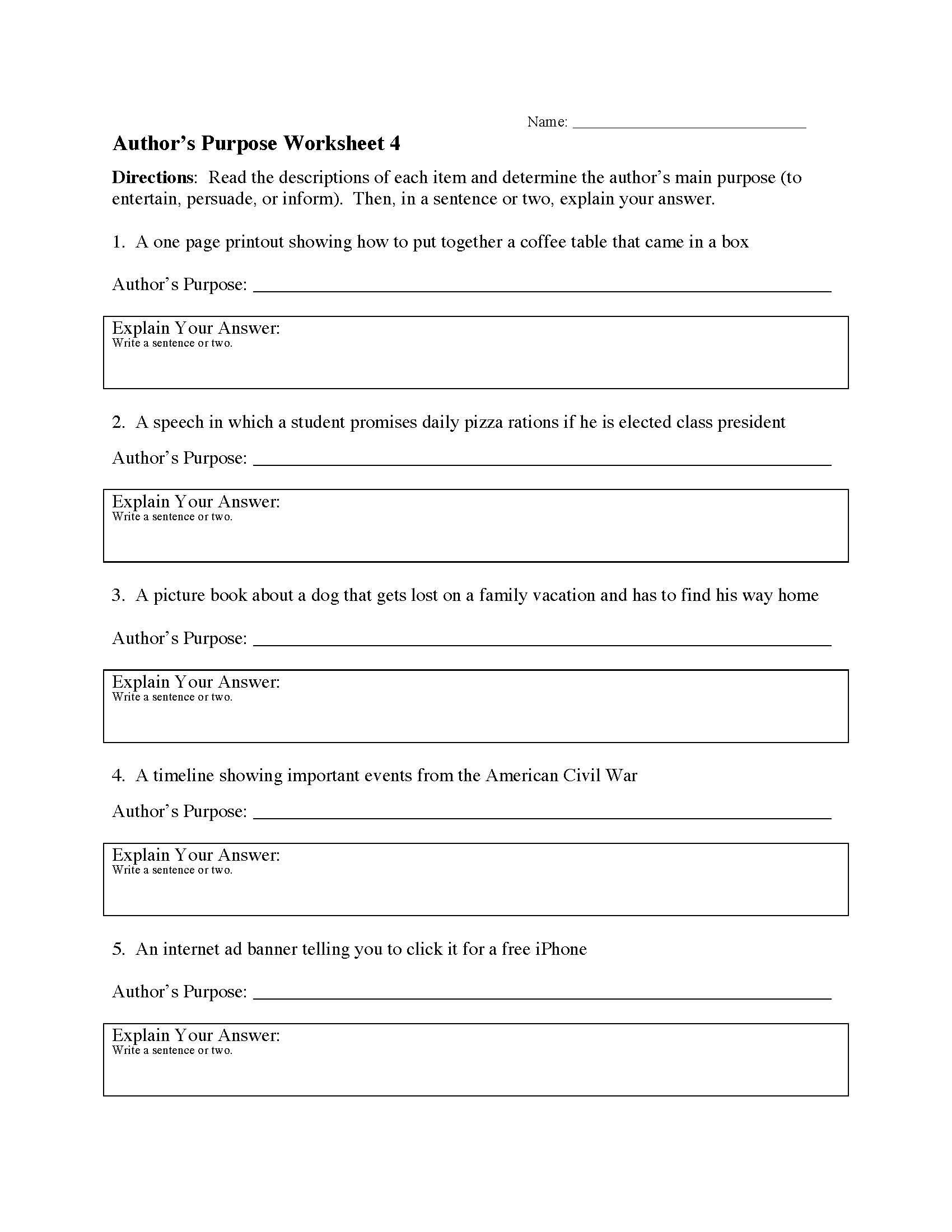 author s purpose worksheets reading skills