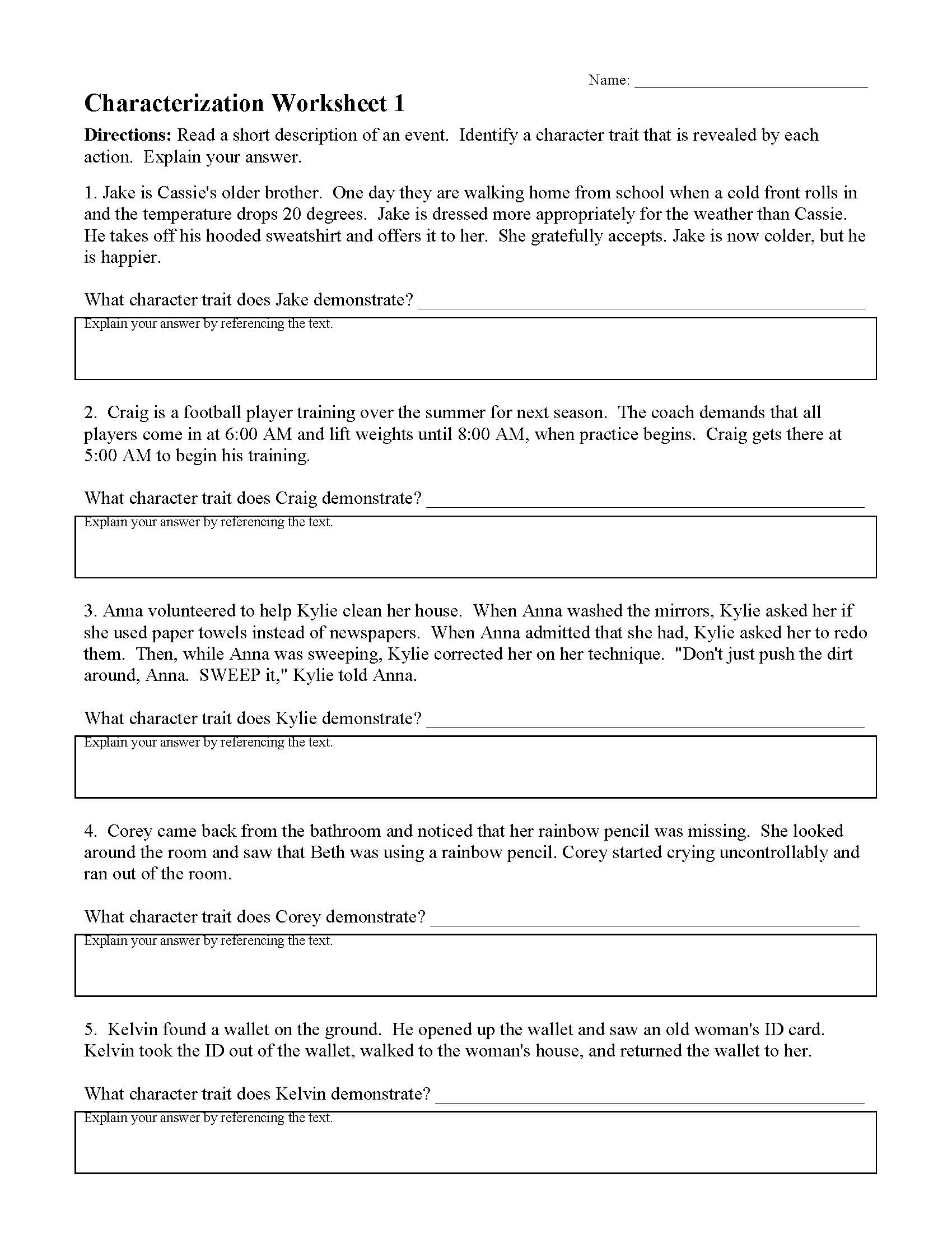 Characterization Worksheets  Ereading Worksheets Intended For Identifying Character Traits Worksheet