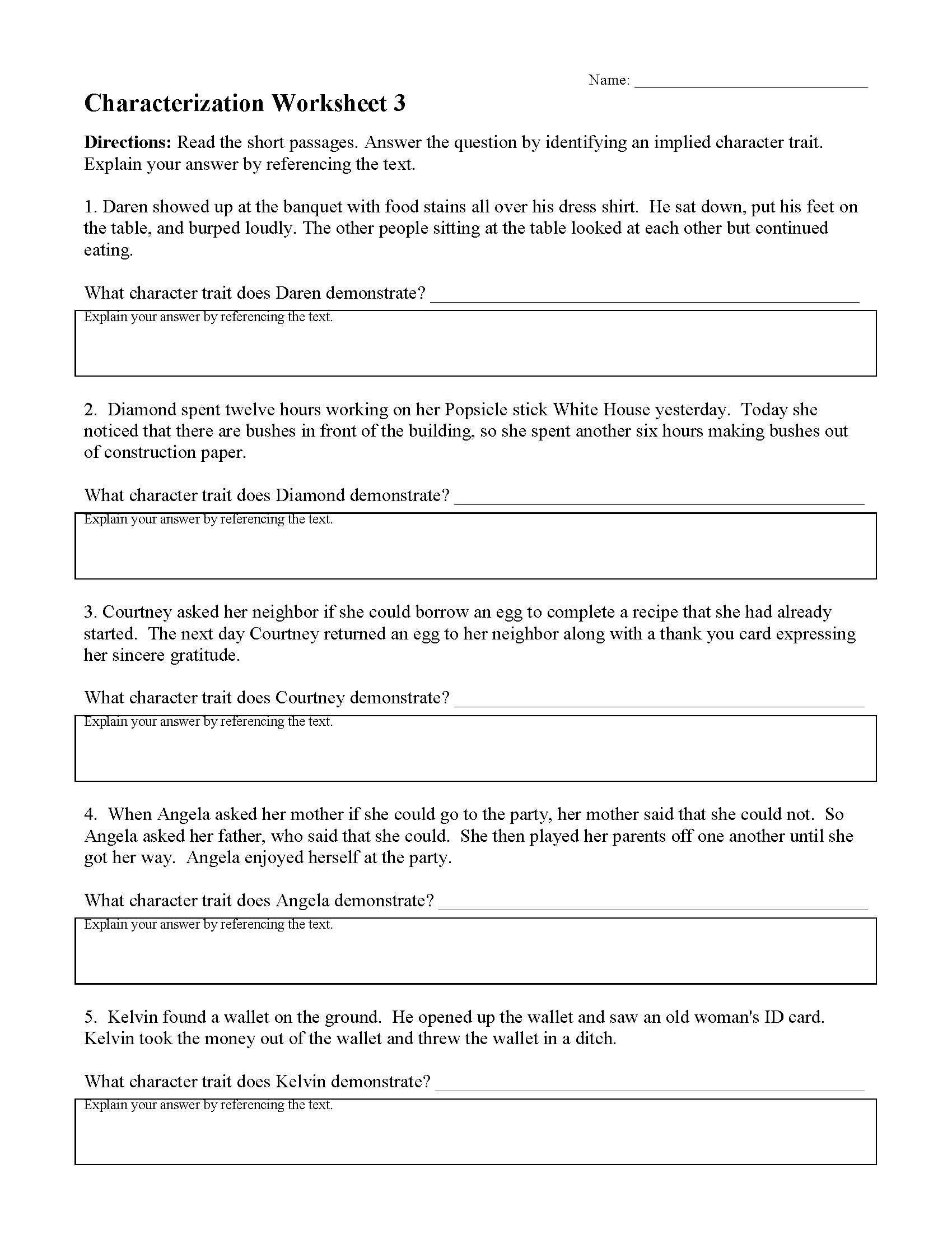 Characterization Worksheets  Ereading Worksheets Intended For Identifying Character Traits Worksheet