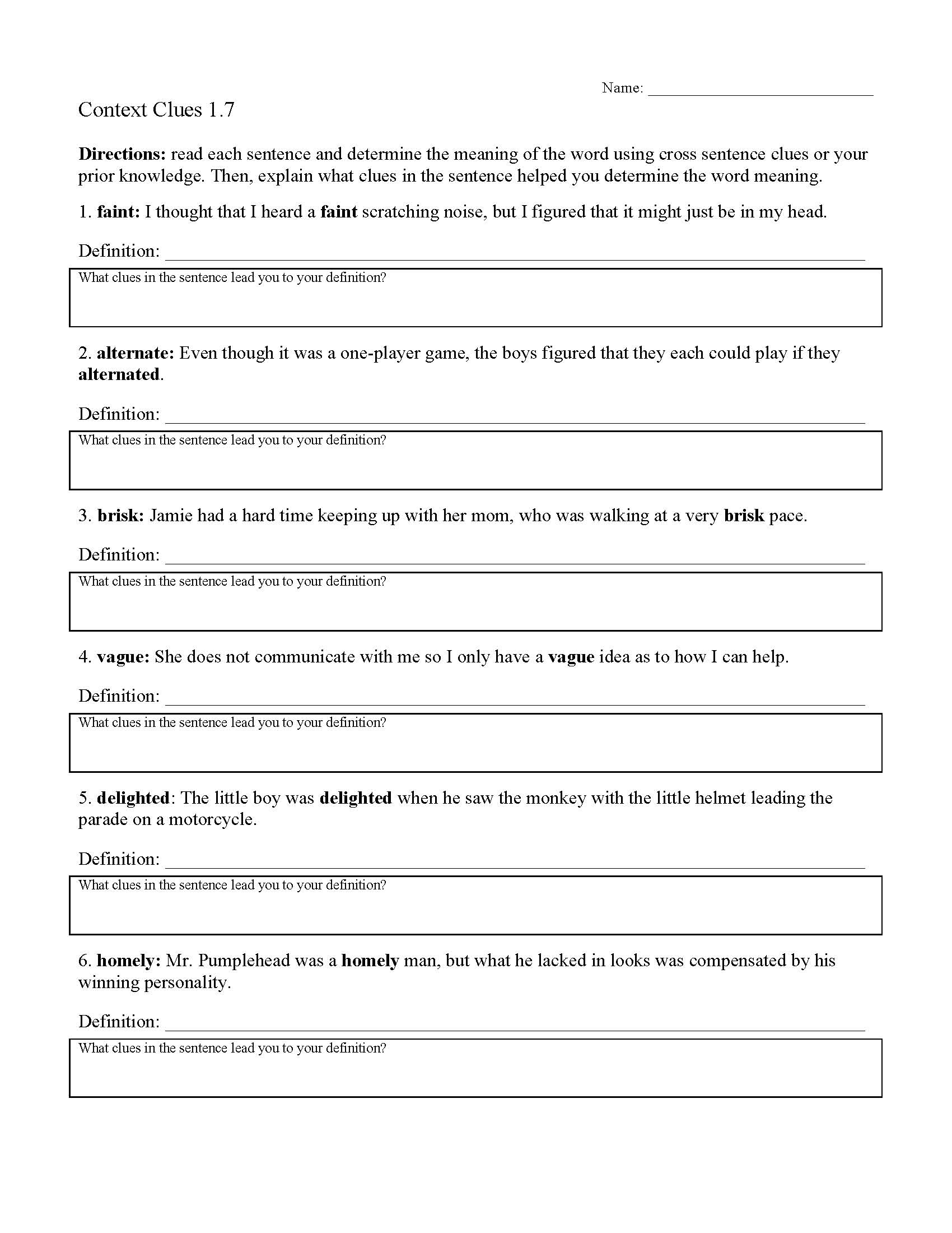 Context Clues Vocabulary Worksheet