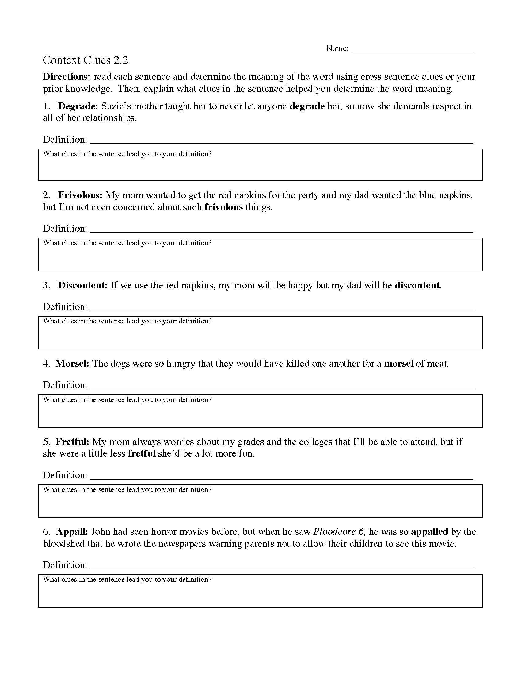 Determine the Meaning of Words Using Synonyms in Context #2, Worksheet, Education.com