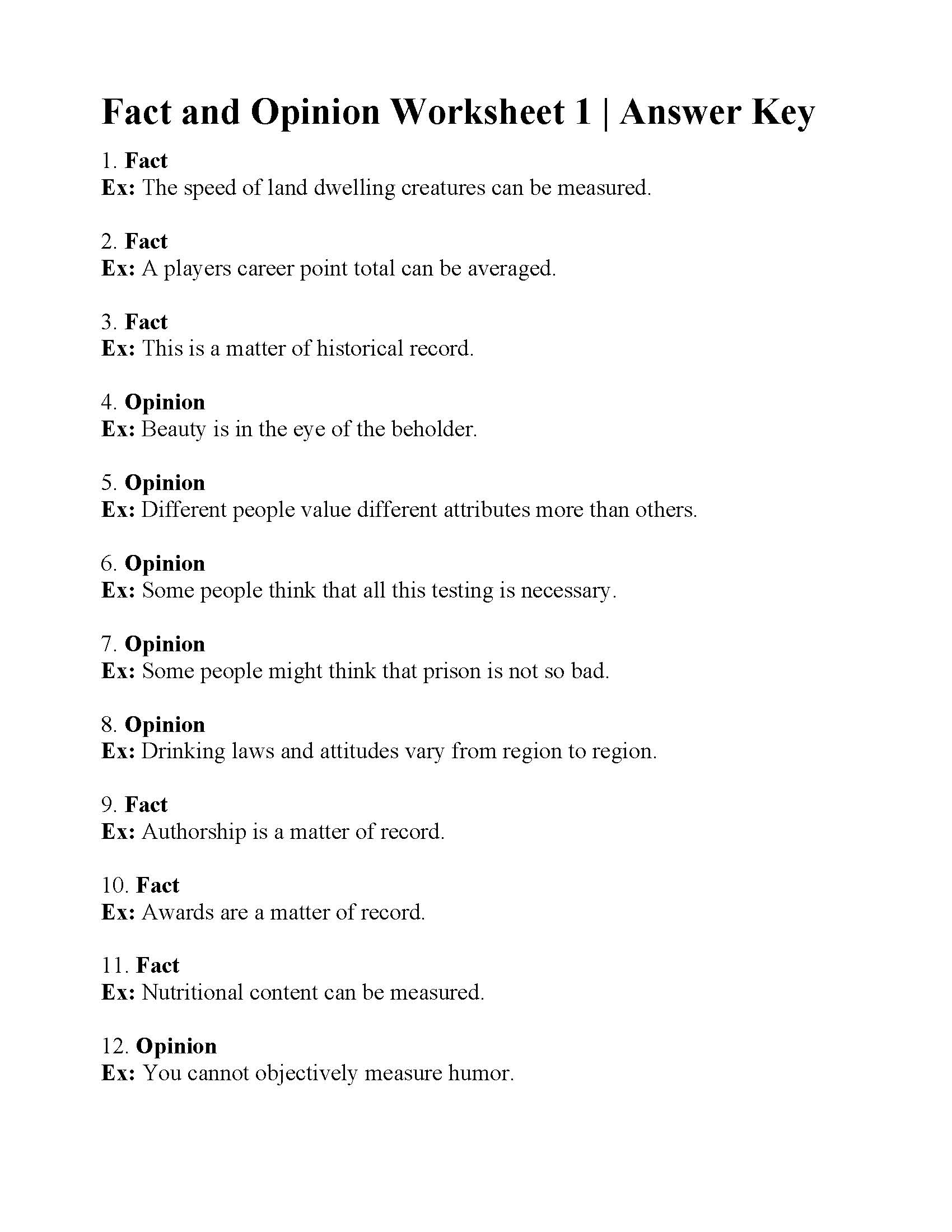 Fact And Opinion Worksheet 1 Reading Activity