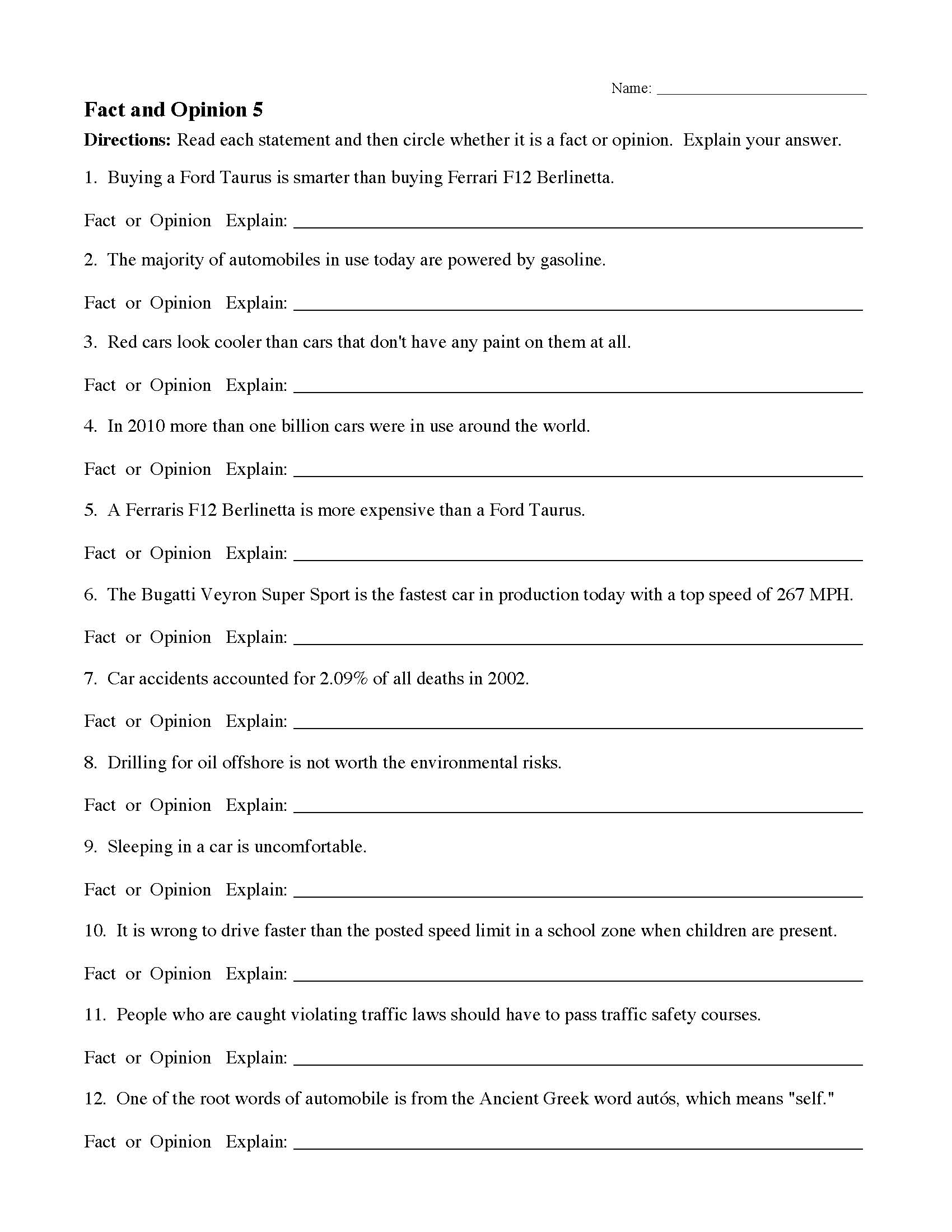 Fact And Opinion Worksheet With Answers For Grade 5
