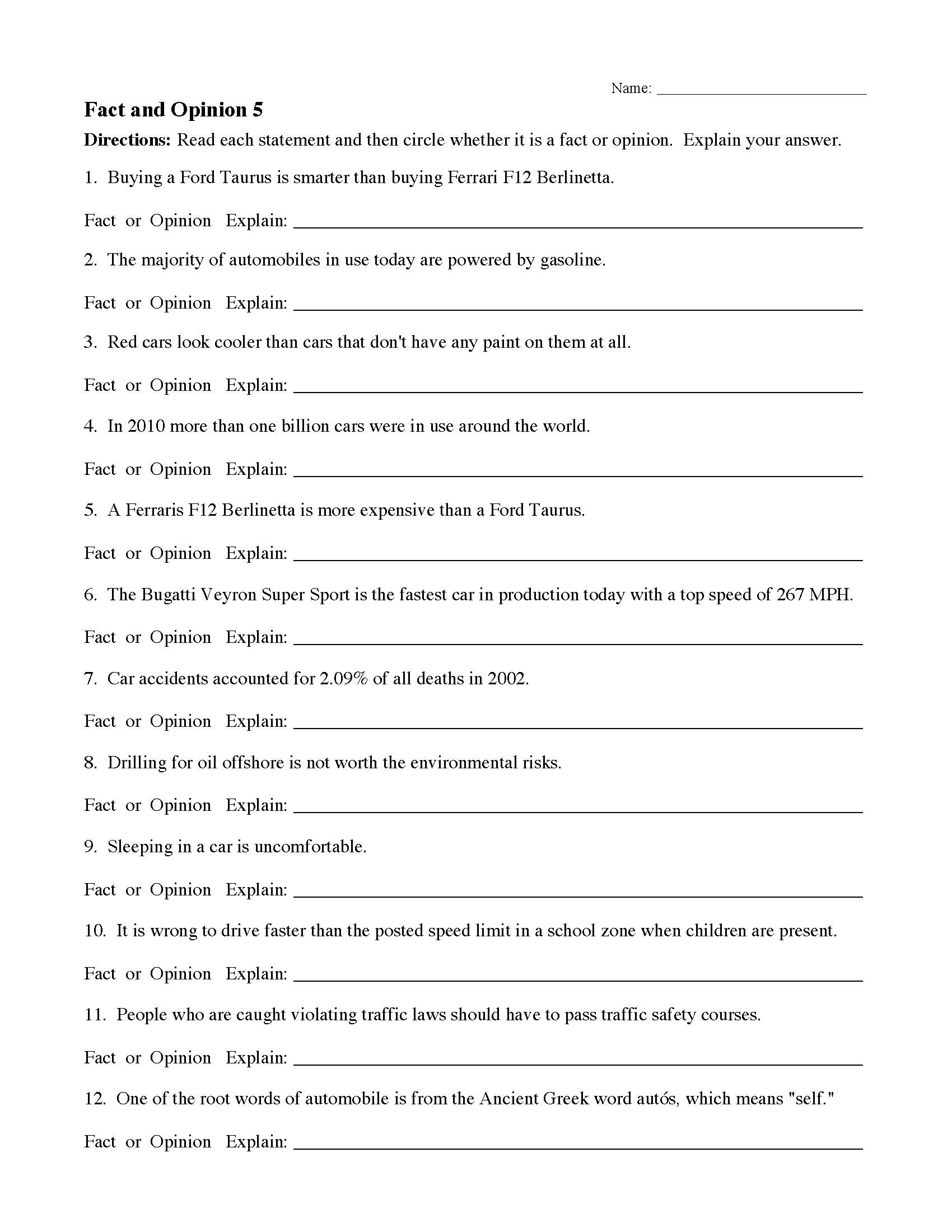 Fact Or Opinion Worksheet