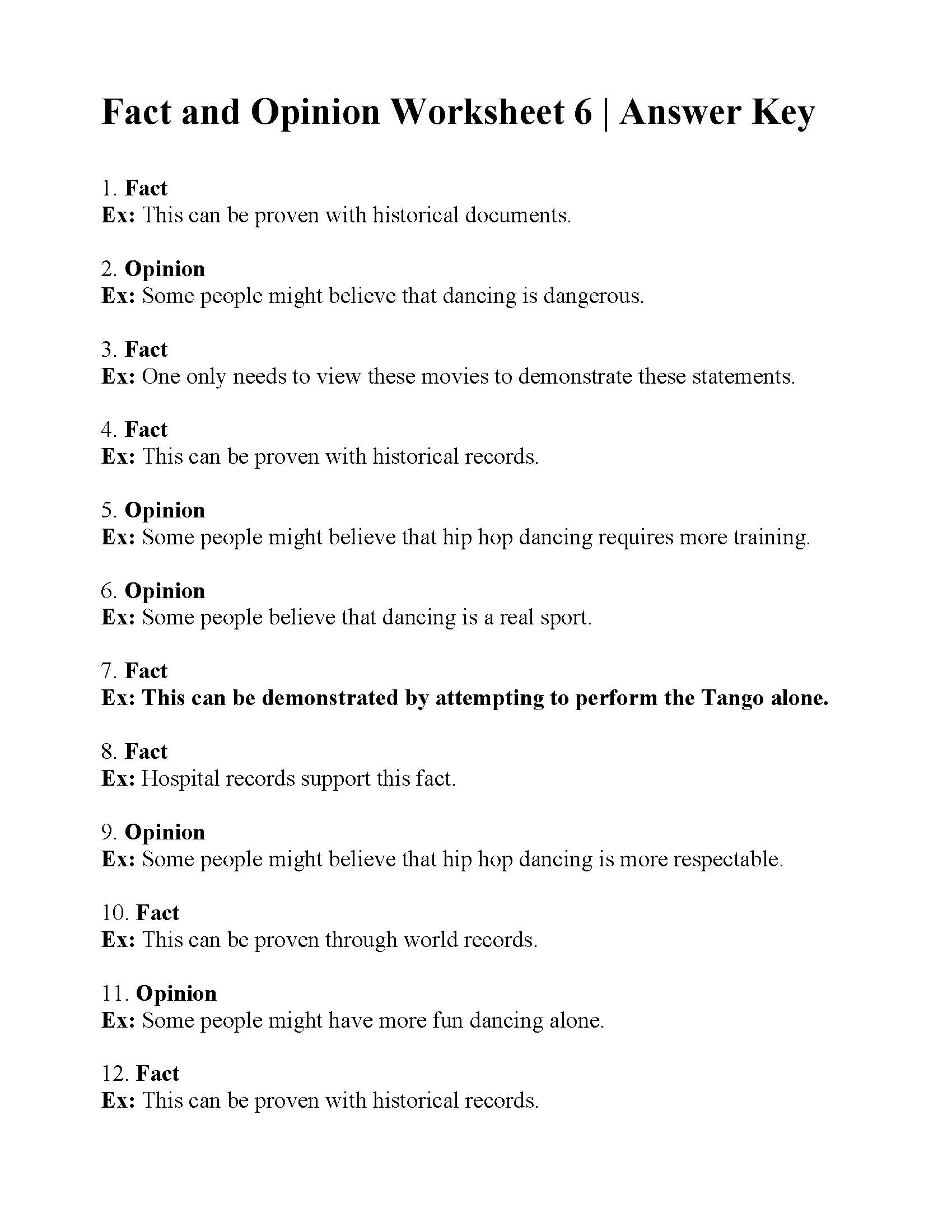 Fact and Opinion  Worksheet  6 Answers