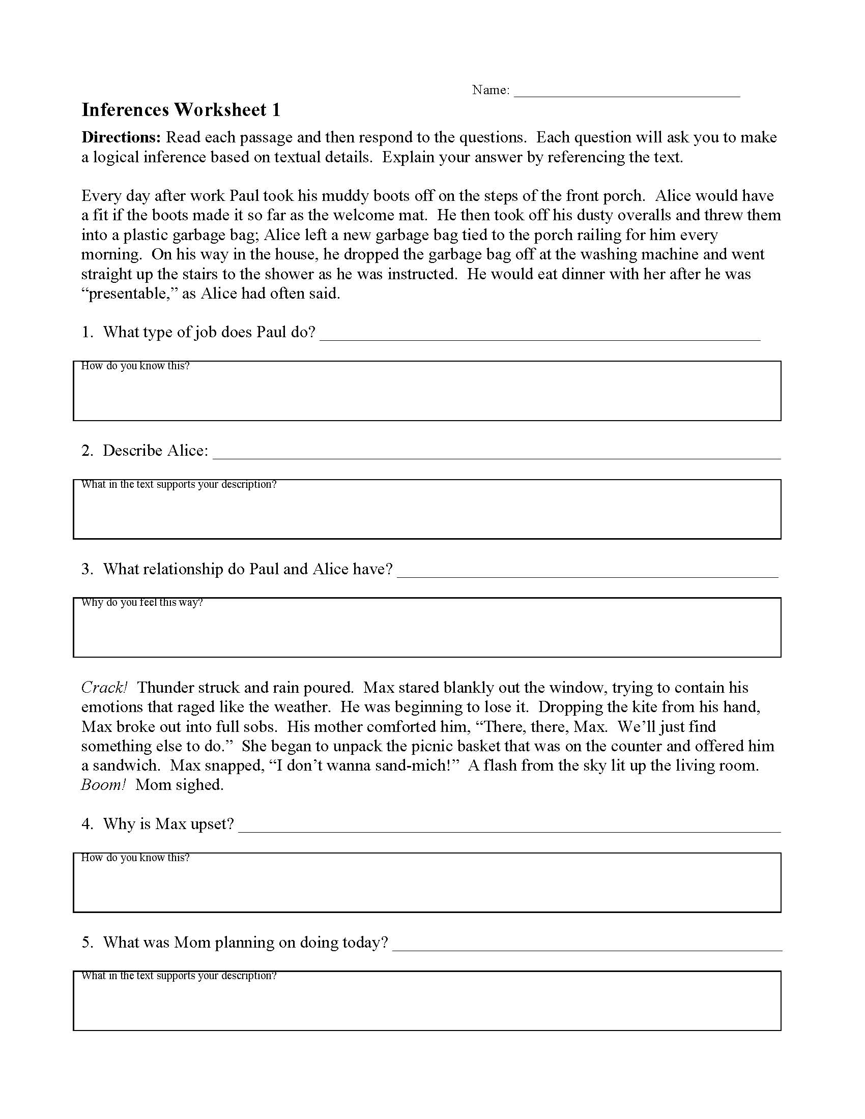 Inferences Worksheet 1 Reading Activity