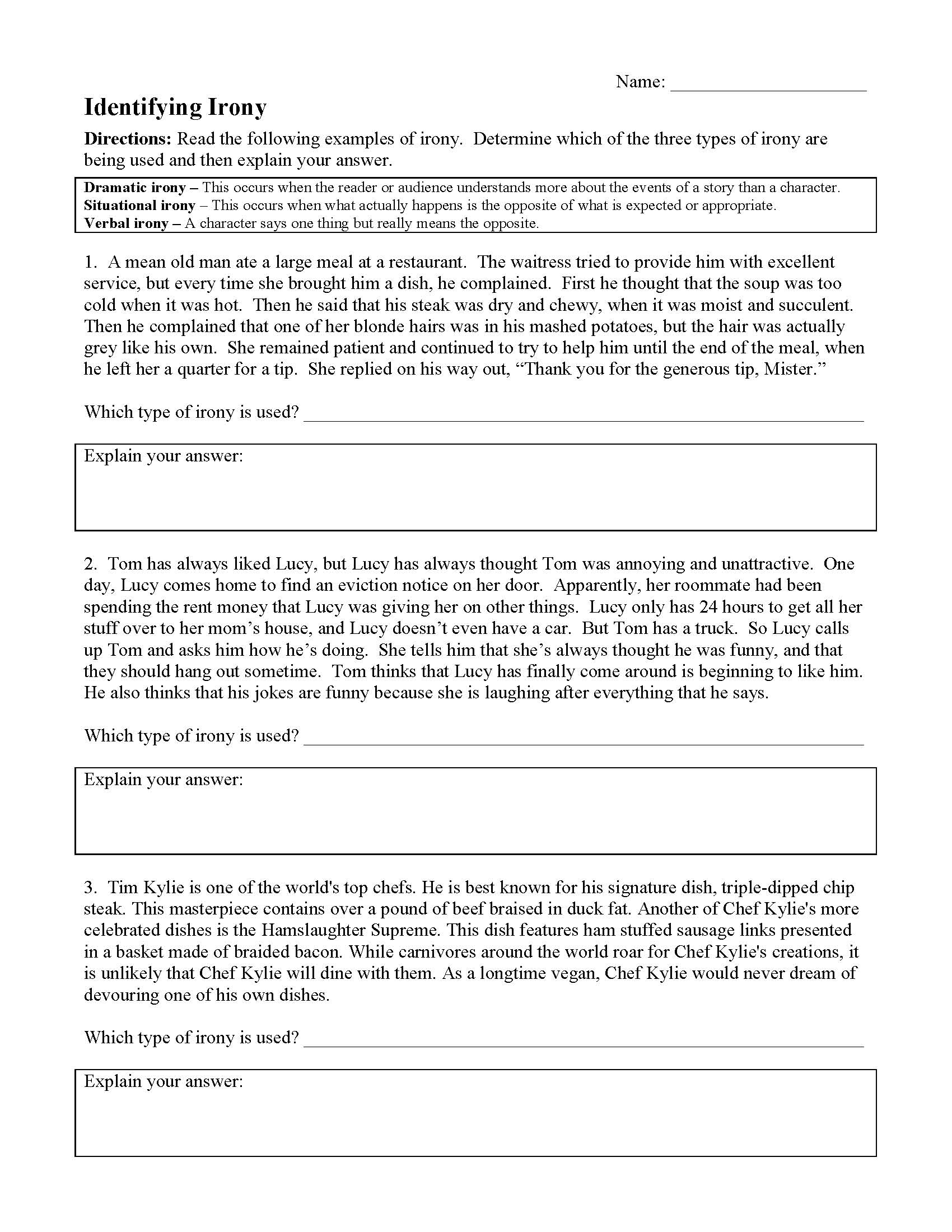 Irony Worksheet 1 Reading Activity