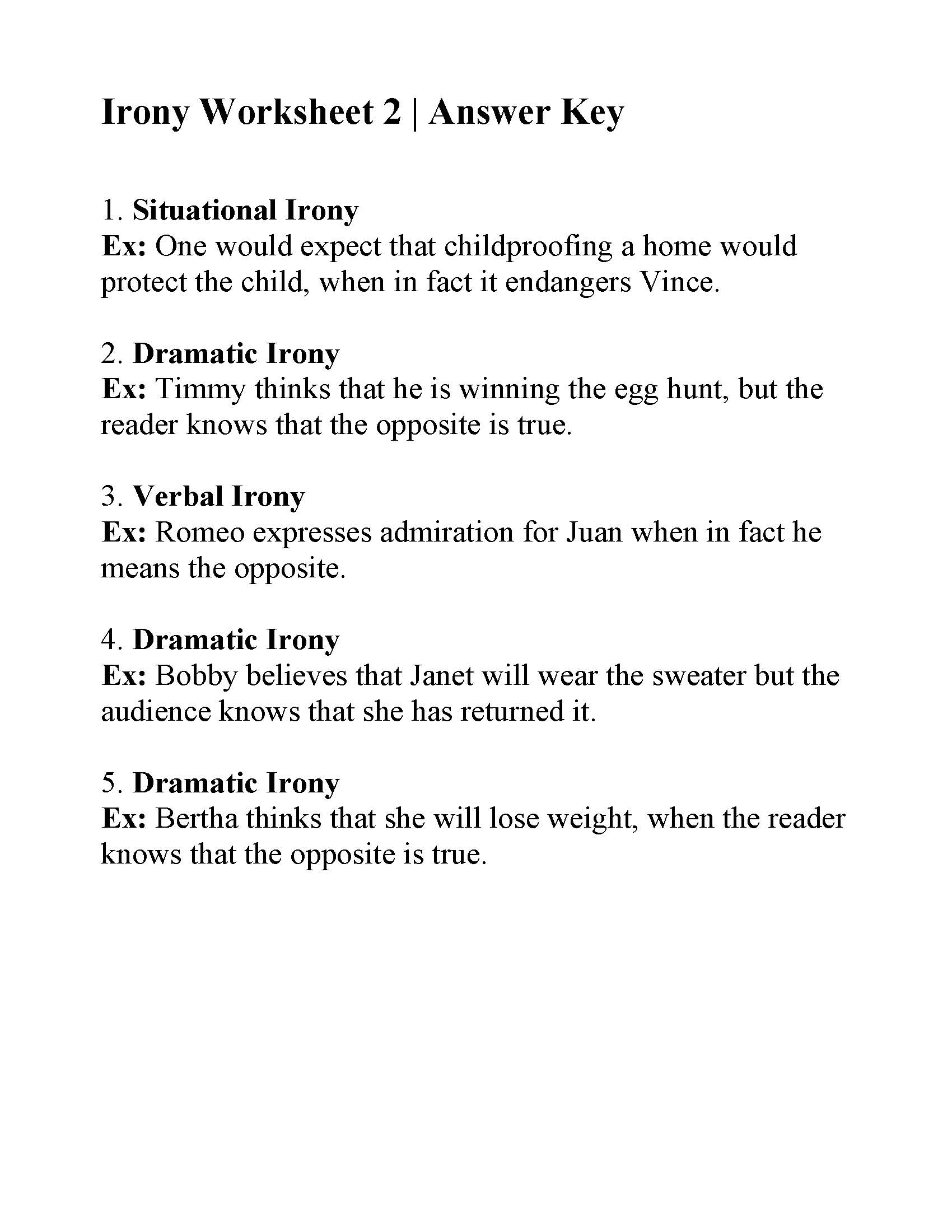 Irony Worksheet 2 Answers