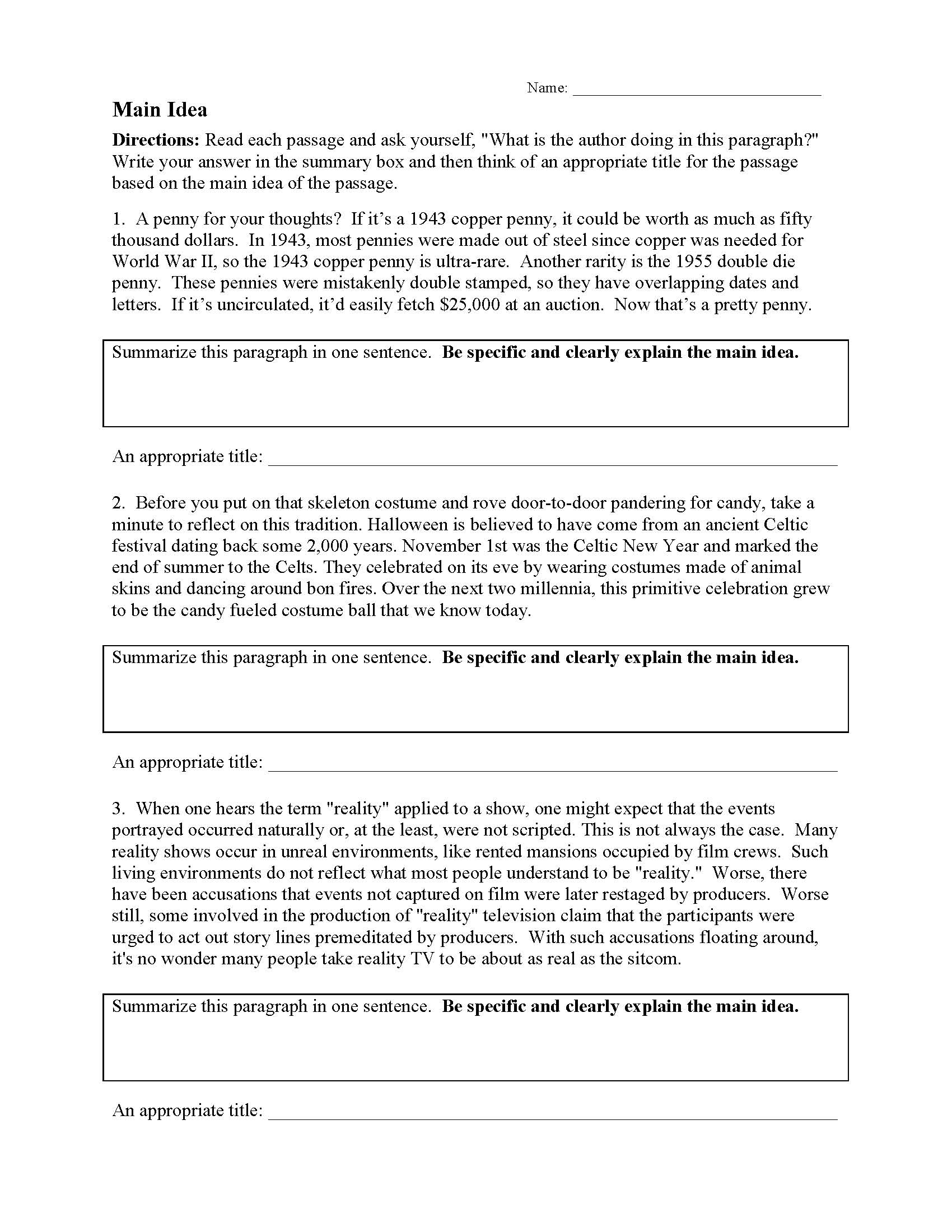 Main Idea Worksheets Ereading Worksheets