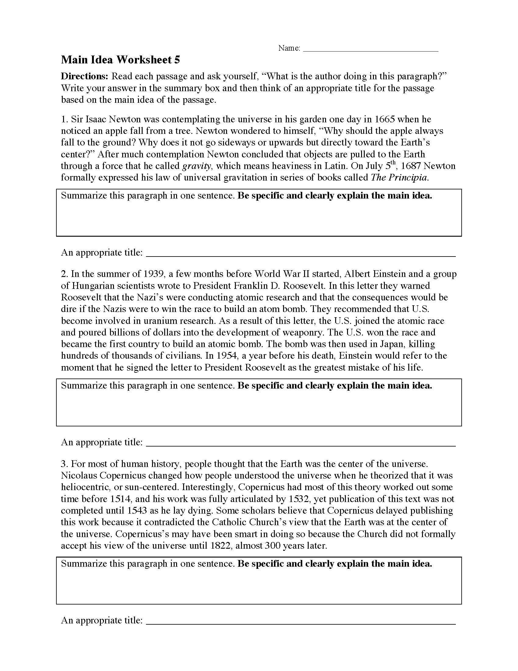 Main Idea Worksheet 4  Reading Activity In Main Idea Worksheet 5