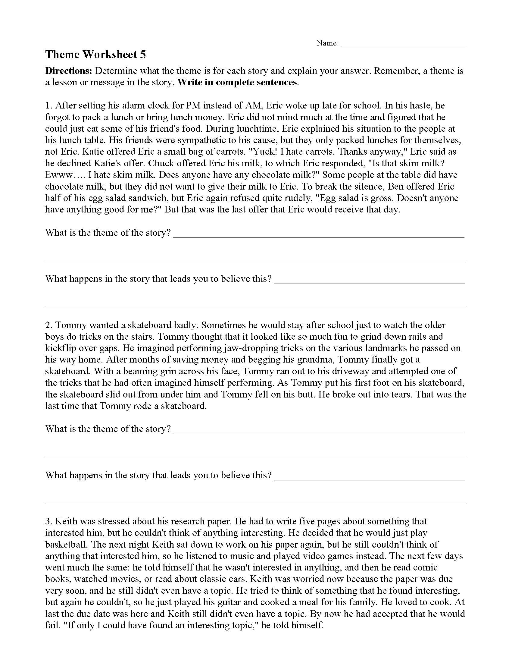 Story Theme Worksheets Multiple Choice