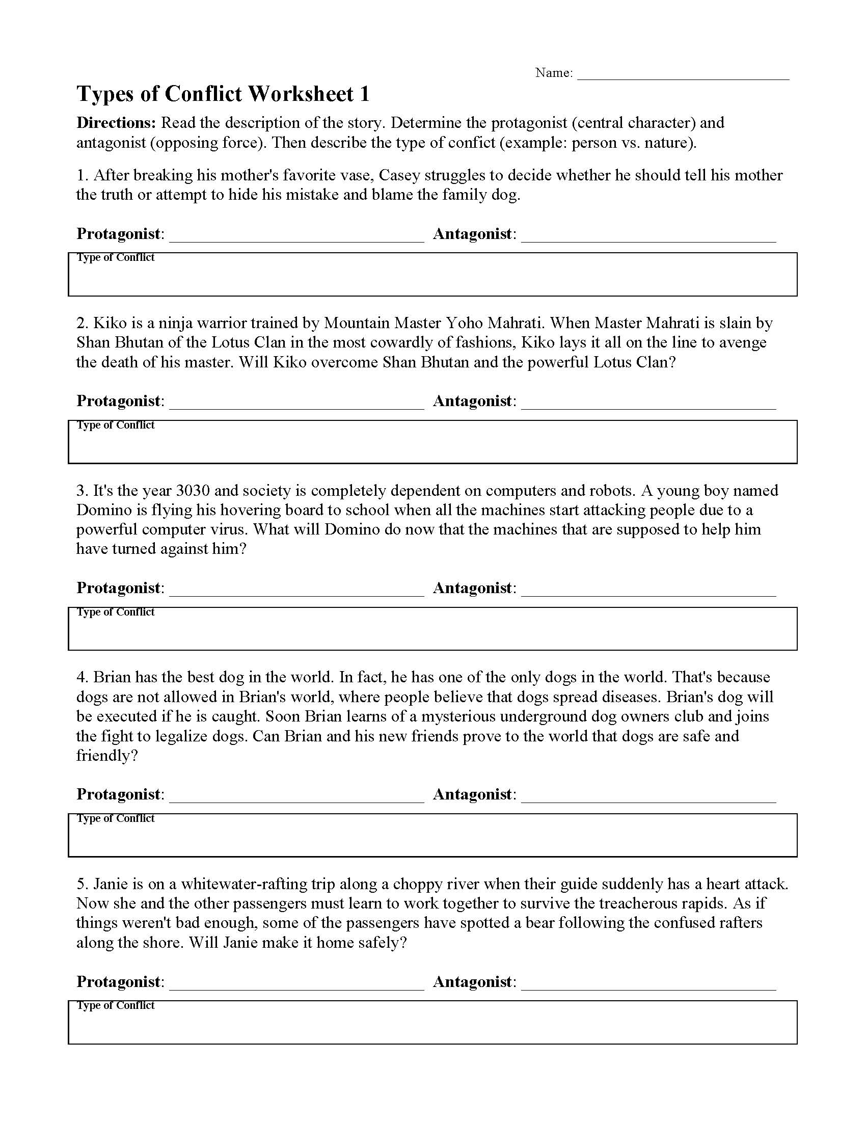 Types of Conflict Worksheet 5   Reading Activity Regarding Protagonist And Antagonist Worksheet