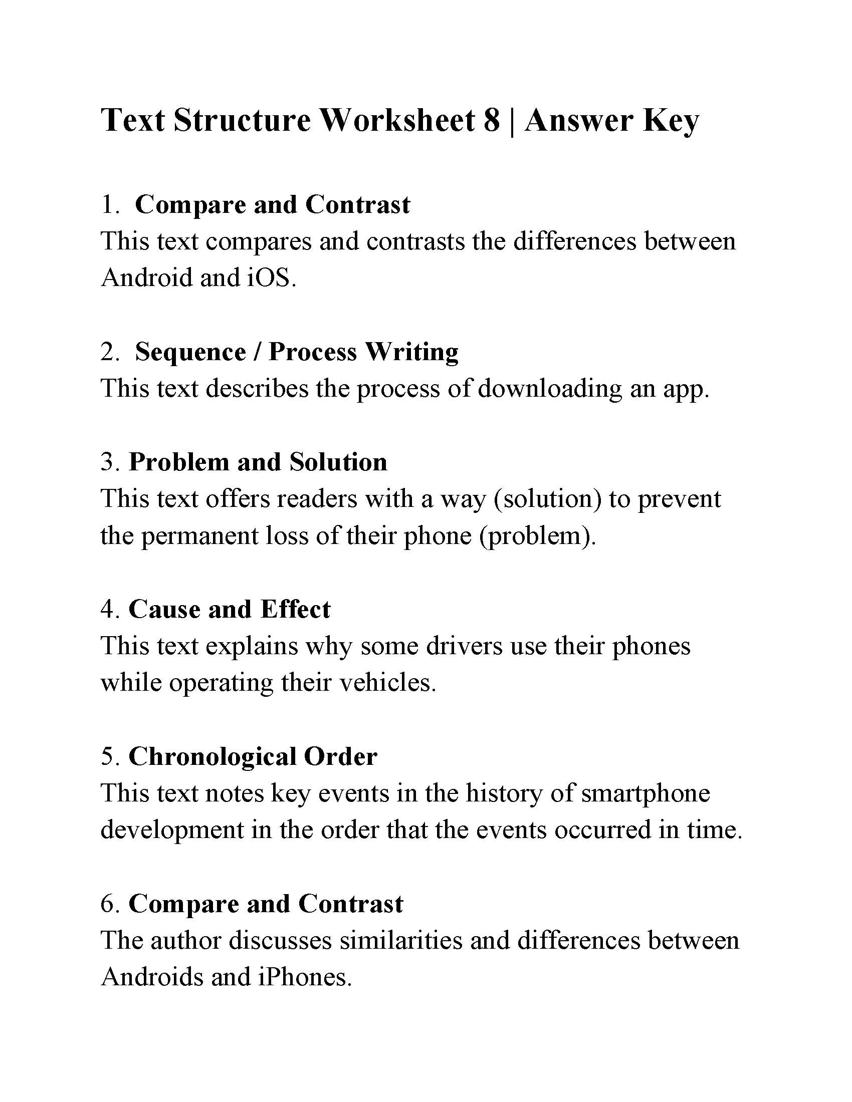 Text Structure Worksheet 8 Answers