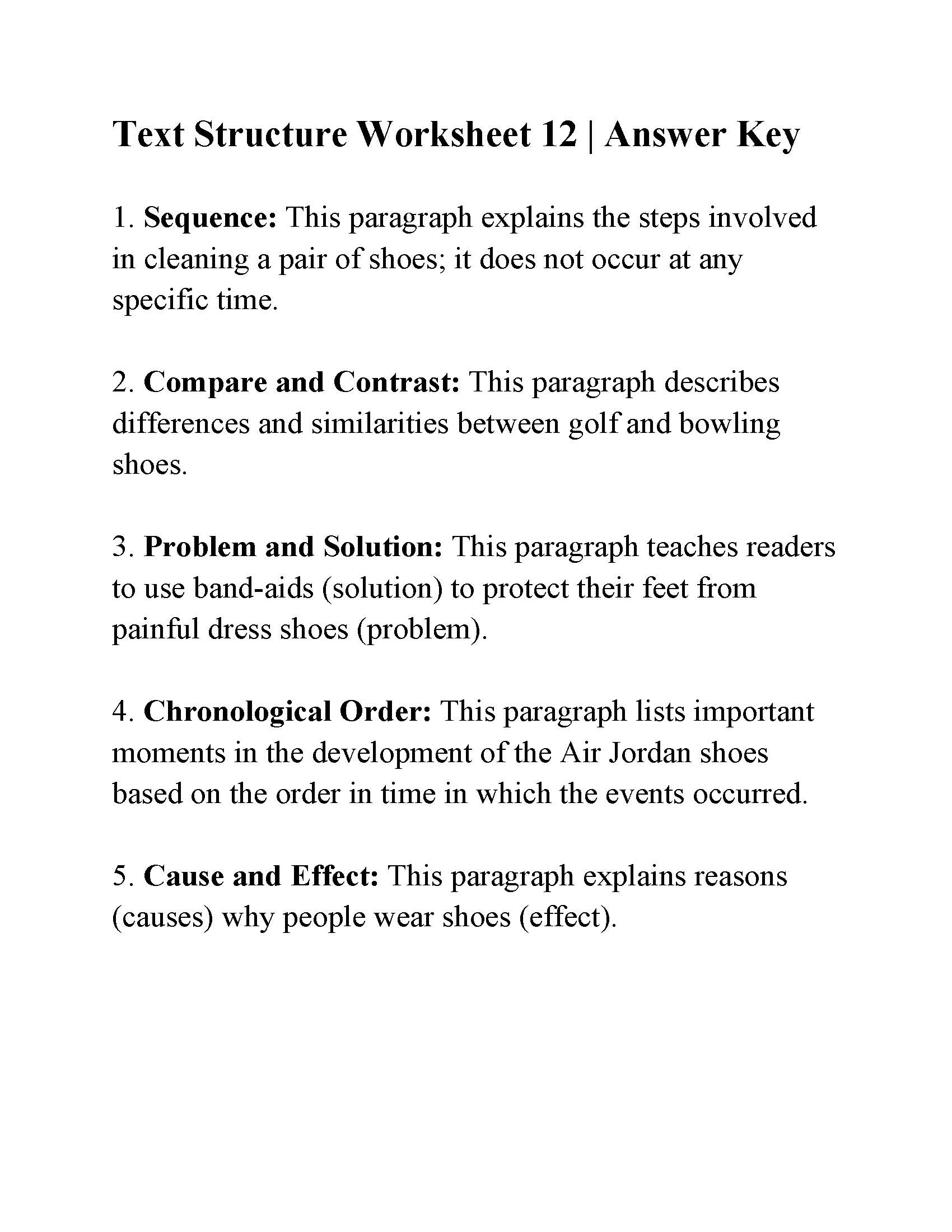 Text Structure Worksheet 12 Answers